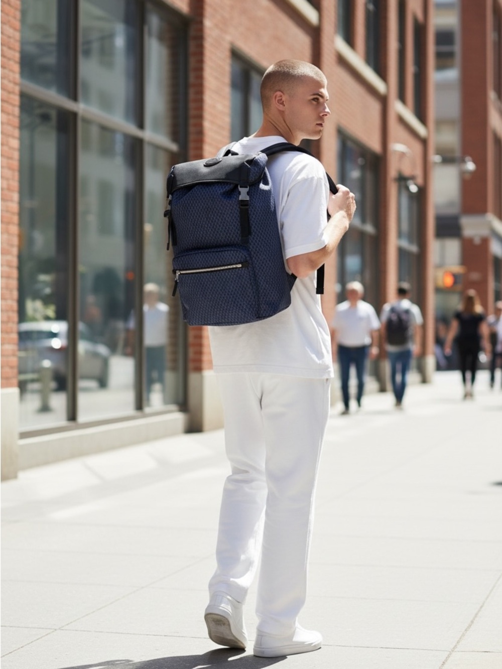 Alfred Dunhill Backpack Blue Geometric Nylon Leather Trim Luxury Designer Bag